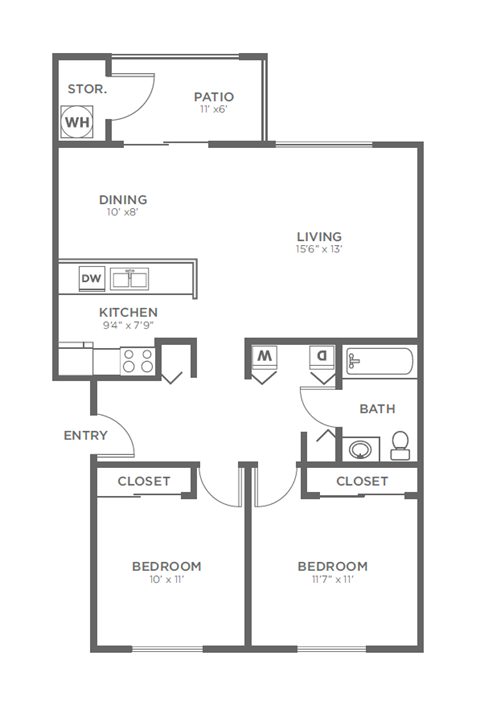 Floor plan for 2 beds, 1 bath, 810 sqft
